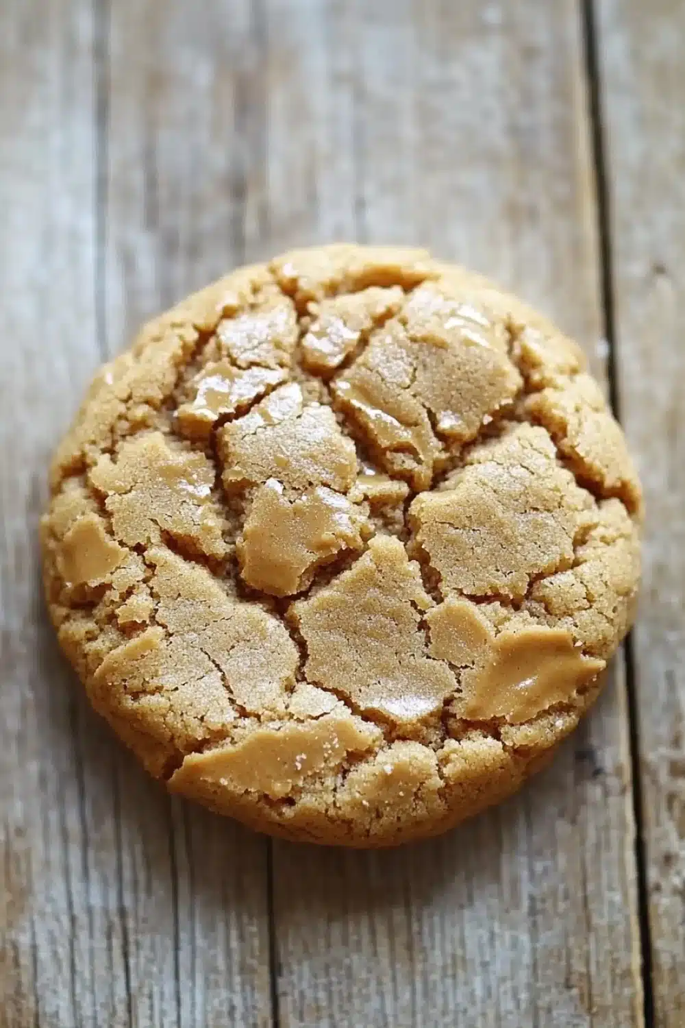 Peanut butter cookie no butter - the image is a close-up of a round cookie on a wooden surface. the cookie appears to be freshly baked and has a golden-brown color. it has a crumbly texture and is covered in a layer of peanut butter. the peanut butter is spread evenly across the cookie, creating a criss-cross pattern. the wooden surface has a weathered and aged appearance, with visible grain and knots. the background is blurred, making the cookie the focal point of the image.