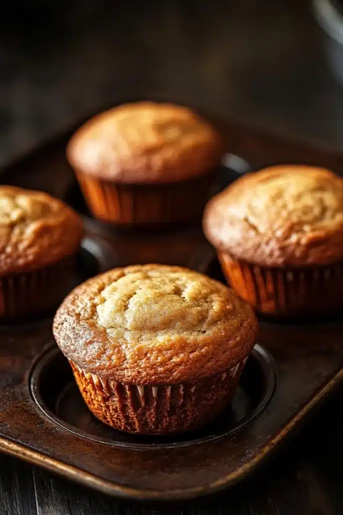 Plain yogurt muffin - the image shows four freshly baked muffins on a wooden tray. the muffins are golden brown in color and have a crumbly texture on top. they are arranged in a row on the tray, with the largest muffin in the center and the two smaller ones on either side. the tray is placed on a dark wooden table with a blurred background. the overall mood of the image is warm and inviting.