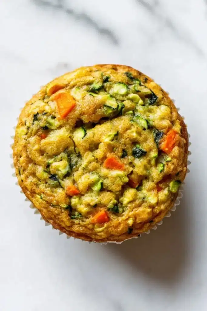 Protein veggie muffin - the image is a close-up of a round muffin on a white marble surface. the muffin appears to be freshly baked and has a golden brown crust. it is filled with a mixture of vegetables, including zucchini, carrots, and spinach, which are visible in the center of the muffin. the vegetables are arranged in a circular pattern, with some overlapping each other. the colors of the vegetables are vibrant and the texture looks soft and fluffy. the background is blurred, making the muffins the focal point of the image.