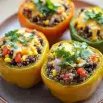 Quinoa stuffed bell peppers - the image shows four stuffed bell peppers on a brown plate. the bell peppers are yellow in color and are filled with a mixture of black beans, corn, red bell peppers, and other vegetables. the top of the bell peppers is topped with melted cheese and garnished with fresh cilantro. the plate is sitting on a wooden table with a blurred background.