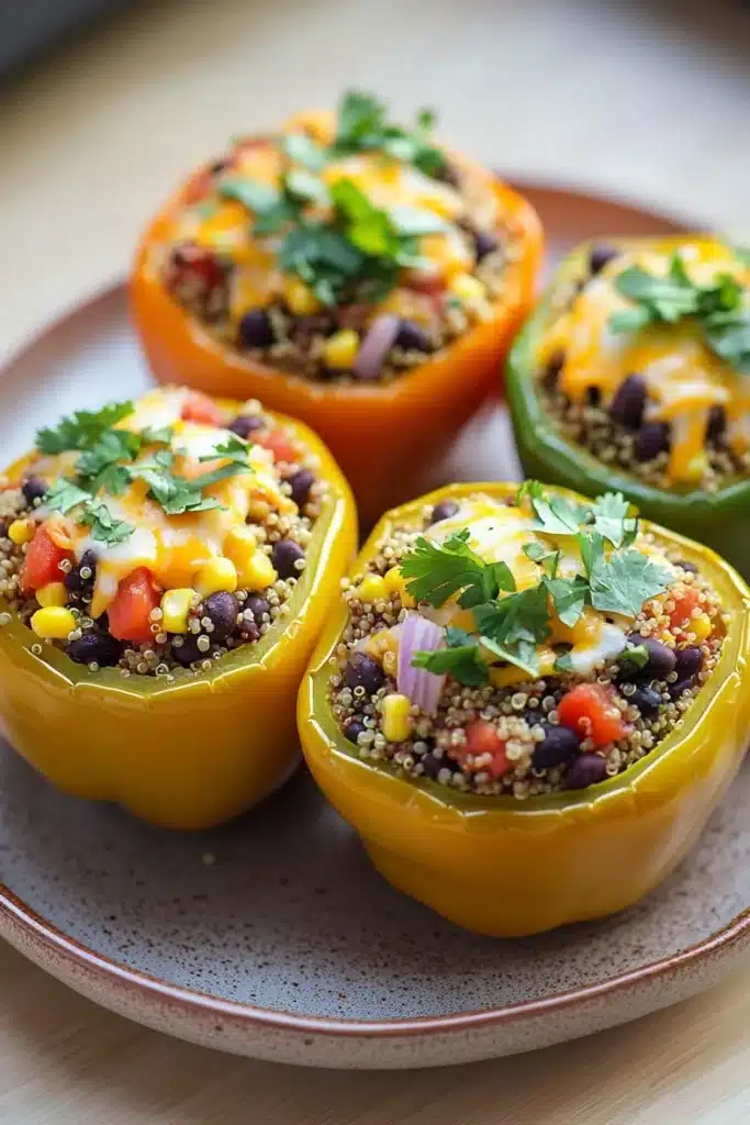 Quinoa stuffed bell peppers - the image shows four stuffed bell peppers on a brown plate. the bell peppers are yellow in color and are filled with a mixture of black beans, corn, red bell peppers, and other vegetables. the top of the bell peppers is topped with melted cheese and garnished with fresh cilantro. the plate is sitting on a wooden table with a blurred background.