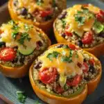 Quinoa stuffed bell peppers - the image shows four stuffed bell peppers on a dark blue plate. the bell peppers are orange in color and are filled with a mixture of quinoa, black beans, tomatoes, cucumbers, and other vegetables. the quinoa is golden brown and appears to be seasoned with herbs and spices. the tomatoes are bright red and appear to be ripe and juicy. the cucumbers are sliced and are scattered throughout the mixture. the dish is garnished with fresh cilantro leaves. the plate is sitting on a wooden table with a few sprigs of parsley in the background.