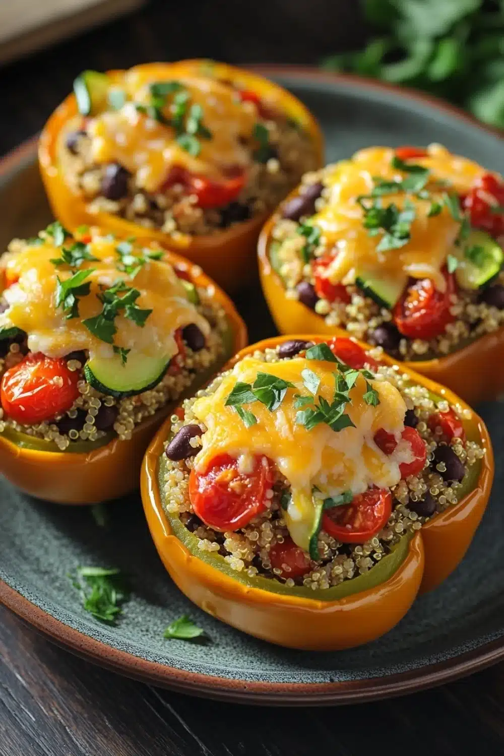 Quinoa stuffed bell peppers - the image shows four stuffed bell peppers on a dark blue plate. the bell peppers are orange in color and are filled with a mixture of quinoa, black beans, tomatoes, cucumbers, and other vegetables. the quinoa is golden brown and appears to be seasoned with herbs and spices. the tomatoes are bright red and appear to be ripe and juicy. the cucumbers are sliced and are scattered throughout the mixture. the dish is garnished with fresh cilantro leaves. the plate is sitting on a wooden table with a few sprigs of parsley in the background.