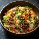 Ramen noodle skillet ground beef - the image is a close-up of a bowl of noodles with minced meat and vegetables. the noodles are yellow and appear to be thin and fluffy. the meat is dark brown and appears to be beef or minced meat. the vegetables are bright orange and are scattered throughout the dish. the dish is garnished with chopped green onions and sliced carrots. the bowl is made of dark brown ceramic and is sitting on a dark grey surface.