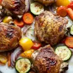 Sheet pan boneless skinless chicken thighs and vegetables - the image shows a plate of grilled chicken thighs with various vegetables. the chicken thighs are golden brown and appear to be seasoned with herbs and spices. the vegetables on the plate include sliced carrots, zucchini, bell peppers, and onions. the plate is white and is placed on a marble countertop. the overall presentation of the dish is colorful and appetizing.