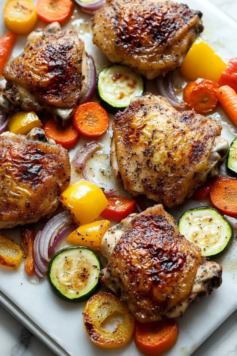 Sheet pan boneless skinless chicken thighs and vegetables - the image shows a plate of grilled chicken thighs with various vegetables. the chicken thighs are golden brown and appear to be seasoned with herbs and spices. the vegetables on the plate include sliced carrots, zucchini, bell peppers, and onions. the plate is white and is placed on a marble countertop. the overall presentation of the dish is colorful and appetizing.