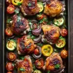 Sheet pan boneless skinless chicken thighs and vegetables - the image shows a baking tray filled with grilled chicken and vegetables. the chicken is golden brown and appears to be seasoned with herbs and spices. the vegetables are sliced red onions, cherry tomatoes, and zucchini, and are arranged in a circular pattern on the tray. the tray is lined with parchment paper and is placed on a wooden table. the overall presentation of the dish is colorful and appetizing.