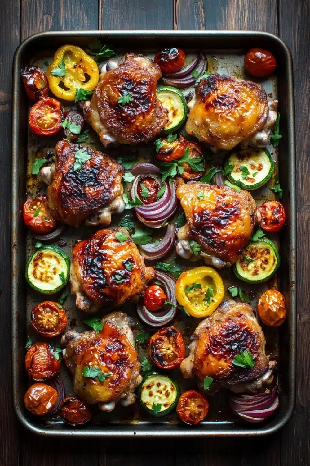 Sheet pan boneless skinless chicken thighs and vegetables - the image shows a baking tray filled with grilled chicken and vegetables. the chicken is golden brown and appears to be seasoned with herbs and spices. the vegetables are sliced red onions, cherry tomatoes, and zucchini, and are arranged in a circular pattern on the tray. the tray is lined with parchment paper and is placed on a wooden table. the overall presentation of the dish is colorful and appetizing.