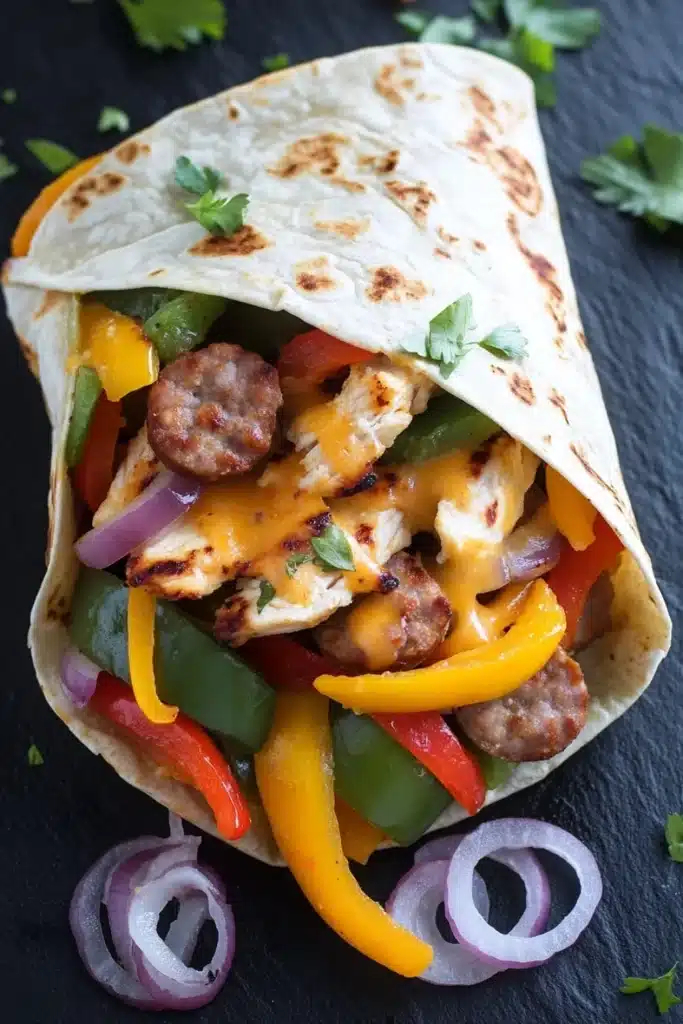 Sheet pan chicken and sausage and pepper wrap - the image shows a tortilla wrap filled with a variety of colorful vegetables. the wrap is made of tortilla and is filled with grilled chicken, red, yellow, green, and orange bell peppers, sliced red onions, and sliced red and yellow bell peppers. the chicken is cooked to a golden brown and appears to be seasoned with herbs and spices. there are also a few sprigs of cilantro scattered around the wrap, adding a pop of green to the dish. the background is a dark black slate surface.