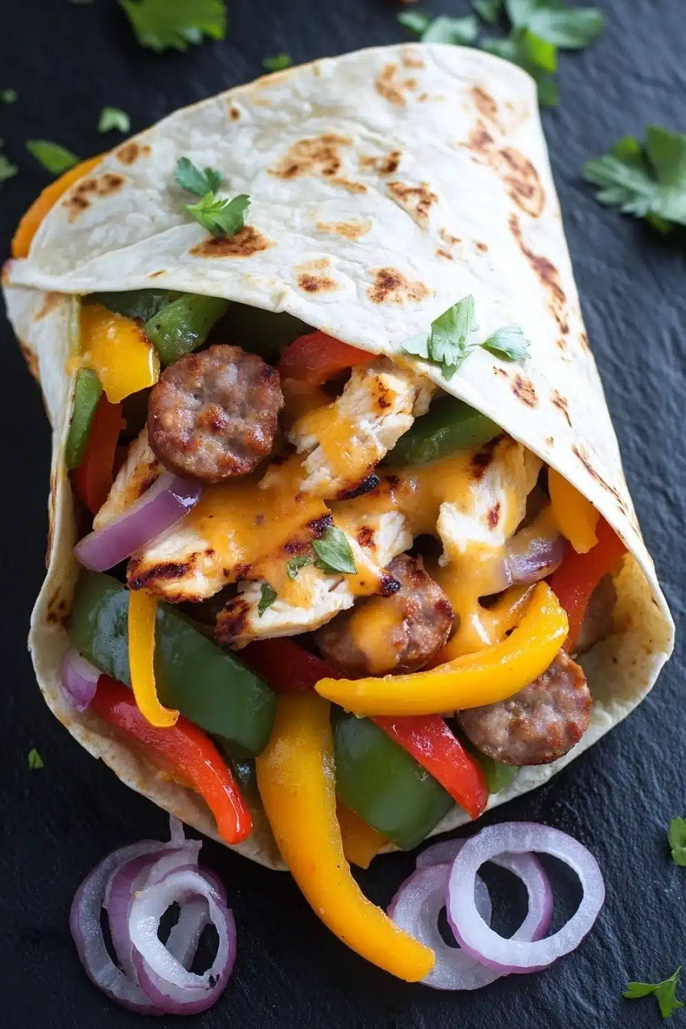 Sheet pan chicken and sausage and pepper wrap - the image shows a tortilla wrap filled with a variety of colorful vegetables. the wrap is made of tortilla and is filled with grilled chicken, red, yellow, green, and orange bell peppers, sliced red onions, and sliced red and yellow bell peppers. the chicken is cooked to a golden brown and appears to be seasoned with herbs and spices. there are also a few sprigs of cilantro scattered around the wrap, adding a pop of green to the dish. the background is a dark black slate surface.