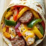Sheet pan chicken and sausage and pepper wrap - the image shows a tortilla wrap filled with various types of food. the wrap is rolled up and placed on a wooden surface. inside the wrap, there are several pieces of grilled chicken, sliced red and yellow bell peppers, sliced onions, and grilled chicken. the chicken is cooked to a golden brown color and appears to be seasoned with herbs and spices. the vegetables are arranged in a colorful and appetizing manner, with some of them overlapping each other. the tortilla is golden brown and looks crispy on the outside.