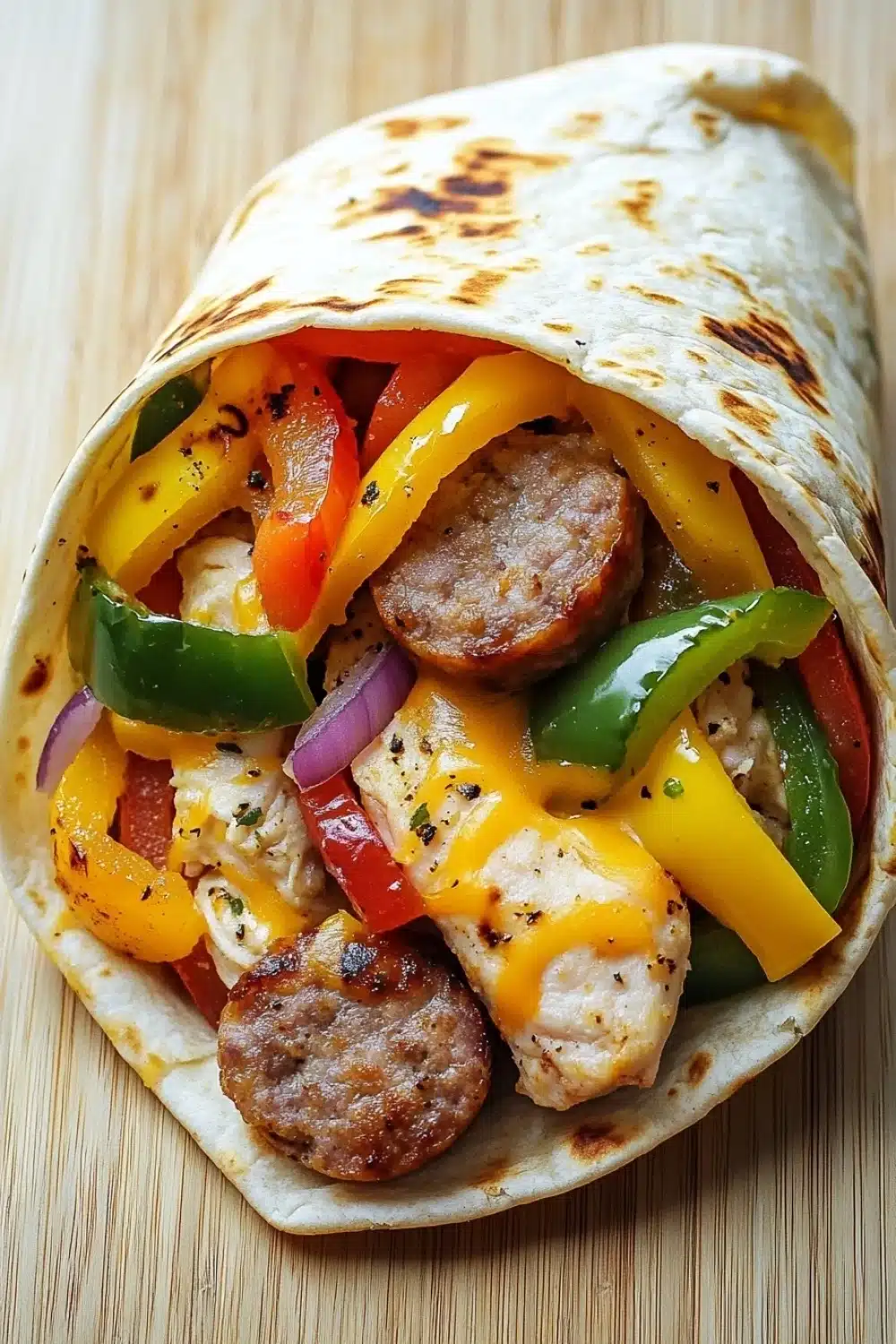 Sheet pan chicken and sausage and pepper wrap - the image shows a tortilla wrap filled with various types of food. the wrap is rolled up and placed on a wooden surface. inside the wrap, there are several pieces of grilled chicken, sliced red and yellow bell peppers, sliced onions, and grilled chicken. the chicken is cooked to a golden brown color and appears to be seasoned with herbs and spices. the vegetables are arranged in a colorful and appetizing manner, with some of them overlapping each other. the tortilla is golden brown and looks crispy on the outside.