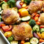 Sheet pan chicken and veggies - the image shows a baking tray filled with roasted chicken and vegetables. the chicken is golden brown and appears to be seasoned with herbs and spices. the vegetables include zucchini, bell peppers, broccoli, and red onions. the tray is lined with parchment paper and is placed on a wooden table. the background is blurred, but it seems to be a kitchen countertop.