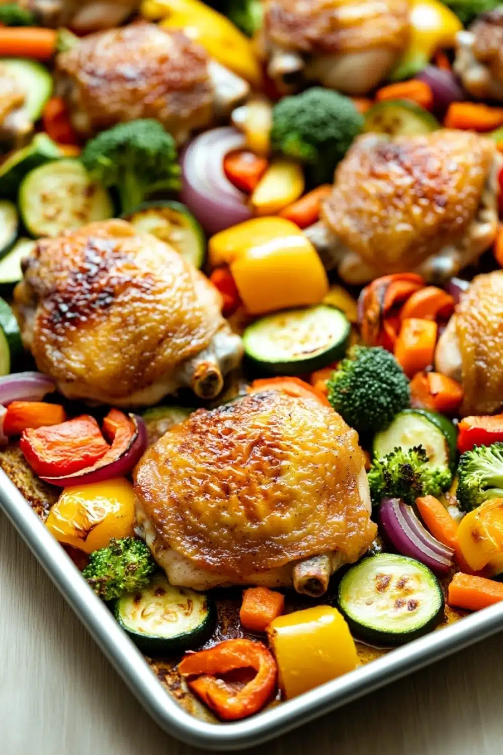 Sheet pan chicken and veggies - the image shows a baking tray filled with roasted chicken and vegetables. the chicken is golden brown and appears to be seasoned with herbs and spices. the vegetables include zucchini, bell peppers, broccoli, and red onions. the tray is lined with parchment paper and is placed on a wooden table. the background is blurred, but it seems to be a kitchen countertop.