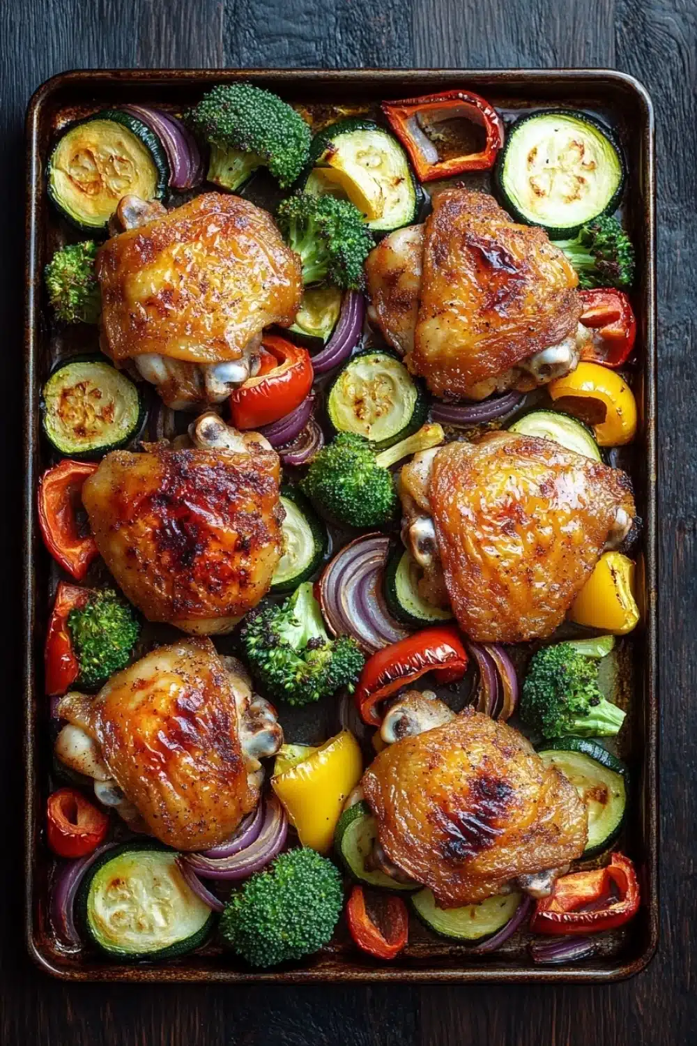 Sheet pan chicken and veggies - the image shows a rectangular baking tray filled with roasted chicken and vegetables. the chicken is golden brown and appears to be seasoned with herbs and spices. the vegetables include zucchini, broccoli, red onions, and yellow bell peppers. the tray is placed on a dark wooden table. the overall presentation of the dish is colorful and appetizing.