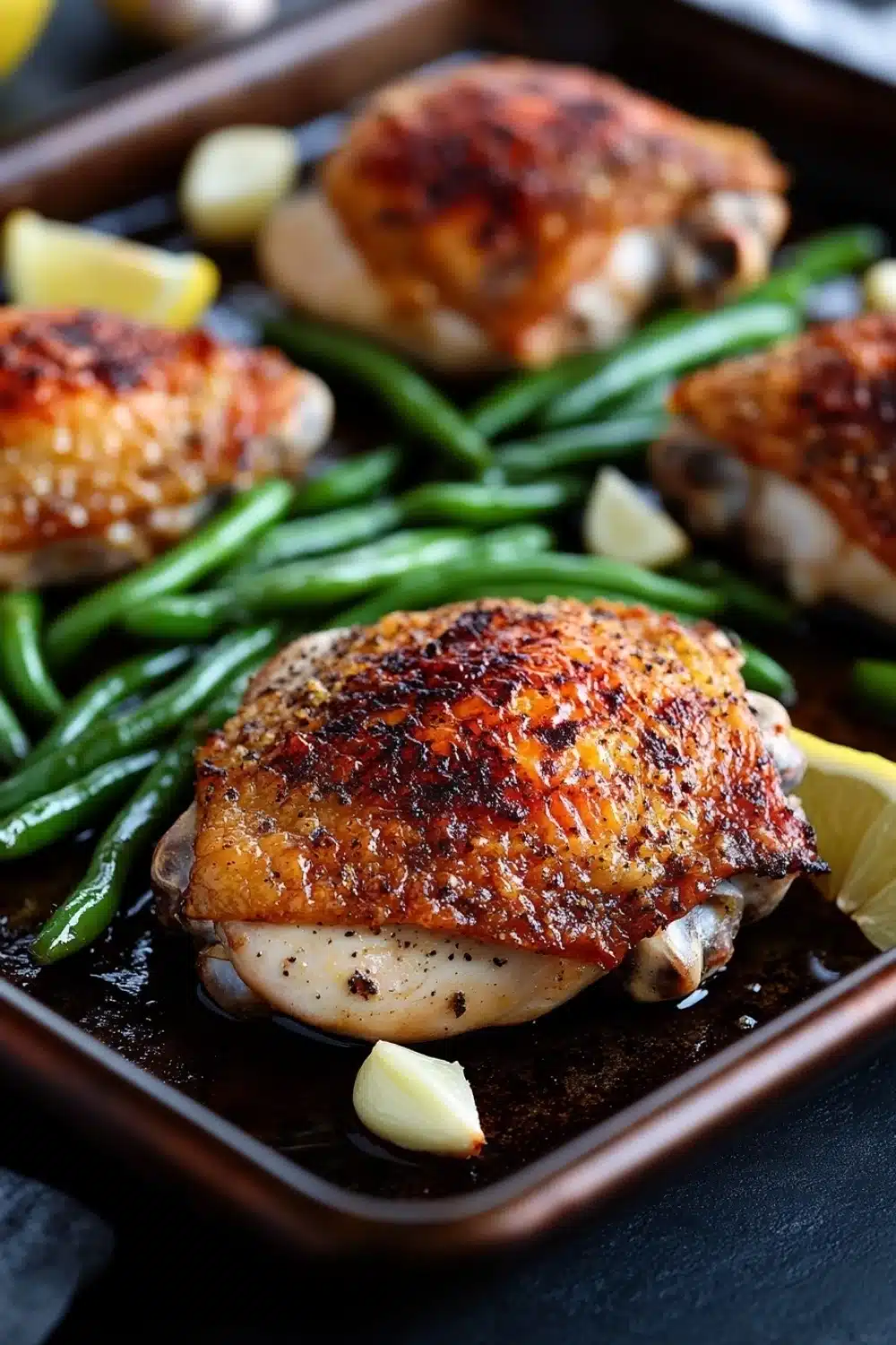 Sheet pan chicken green beans - the image shows a baking tray with four pieces of grilled chicken breasts on it. the chicken breasts are golden brown and appear to be seasoned with herbs and spices. the tray is lined with green beans and there are lemon wedges scattered around the tray. the background is blurred, but it appears to be a kitchen countertop. the overall color scheme of the image is warm and inviting.