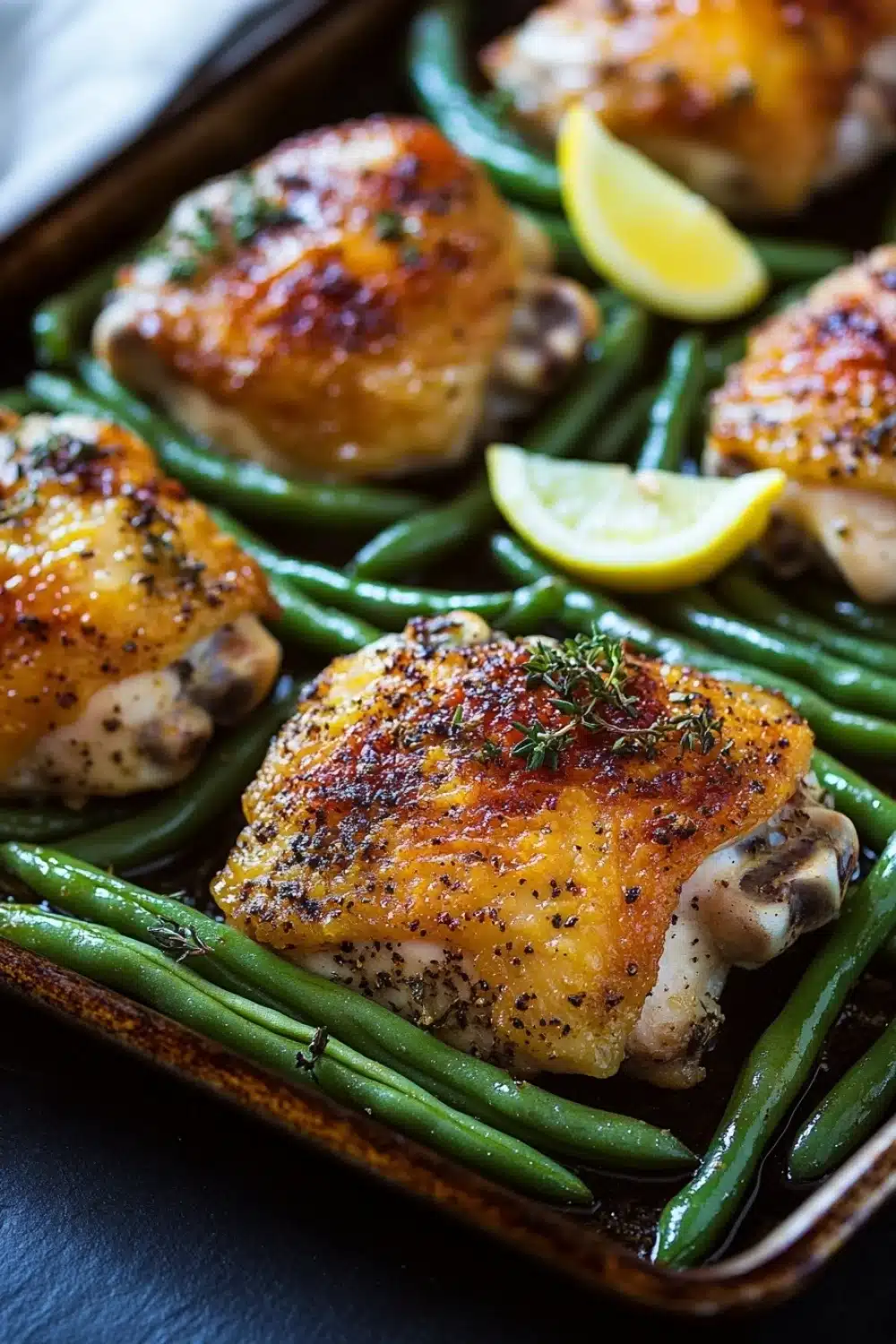 Sheet pan chicken green beans - the image shows a tray of grilled chicken breasts with green beans. the chicken breasts are golden brown and appear to be seasoned with herbs and spices. the green beans are bright green and look fresh and vibrant. there are two lemon wedges on the side of the tray, adding a pop of color to the dish. the tray is lined with parchment paper, and the background is blurred, making the chicken and beans the focal point of the image.