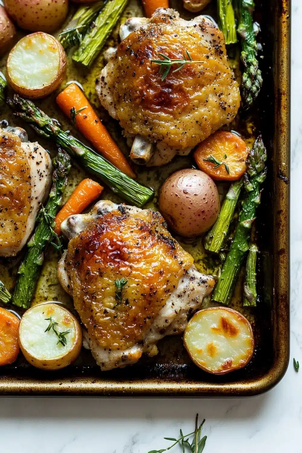 Sheet pan chicken with roasted spring vegetables - the image shows a baking tray with roasted chicken and vegetables. the chicken is golden brown and appears to be seasoned with herbs and spices. the vegetables include asparagus, carrots, potatoes, and lemons. the tray is lined with parchment paper and there is a sprig of rosemary on the side. the background is a white marble countertop.