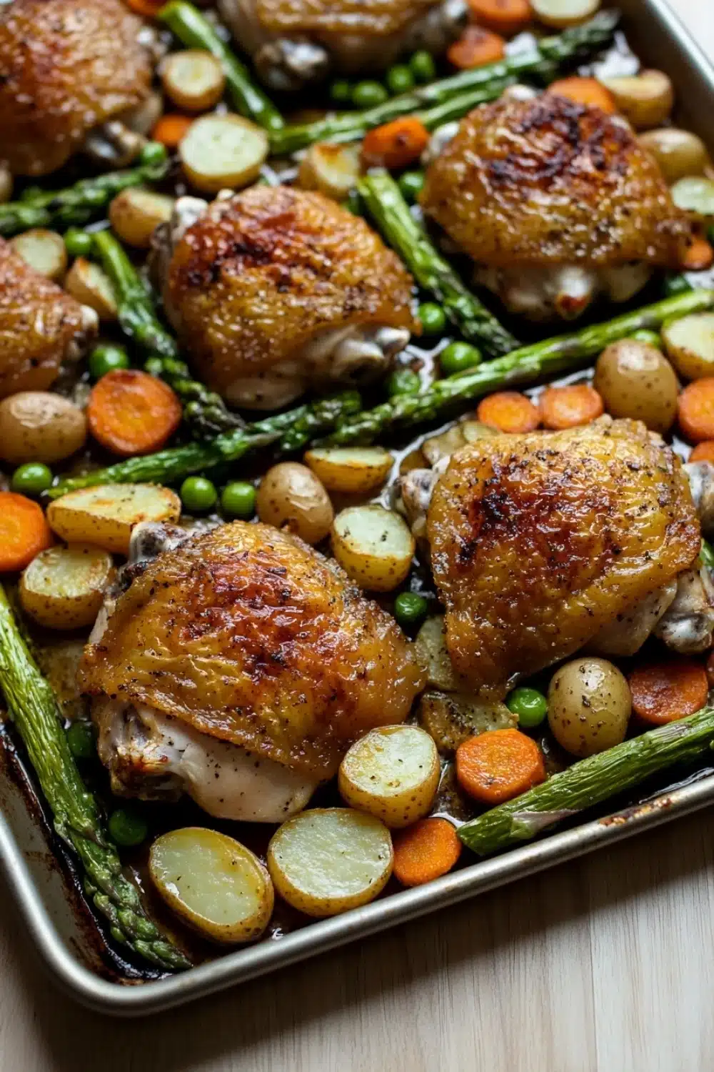 Sheet pan chicken with roasted spring vegetables - the image shows a baking tray filled with roasted chicken and vegetables. the chicken is golden brown and appears to be seasoned with herbs and spices. the vegetables include asparagus, carrots, potatoes, and peas. the tray is lined with parchment paper and is placed on a wooden table. the colors of the vegetables are vibrant and the dish looks appetizing.