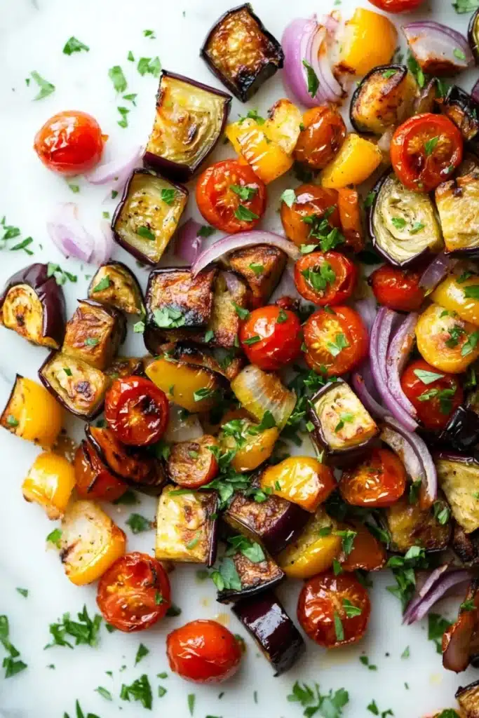 Sheet pan dinner eggplant - the image is a close-up of a colorful salad on a white marble surface. the salad is made up of grilled eggplant, cherry tomatoes, red onions, and yellow bell peppers. the eggplant is cut into small cubes and is arranged in a circular pattern. the cherry tomatoes are bright red and appear to be ripe and juicy. the red onions are sliced into thin strips and are scattered throughout the salad. there are also some chopped parsley scattered throughout, adding a pop of green color to the dish. the overall appearance is fresh and appetizing.