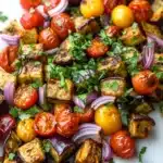 Sheet pan dinner eggplant - the image is a close-up of a colorful salad on a white marble plate. the salad is made up of grilled eggplant, cherry tomatoes, red onions, and chopped parsley. the eggplant is cut into small cubes and is arranged in a circular pattern. the cherry tomatoes are bright red and the onions are sliced into thin strips. the parsley is scattered throughout the salad, adding a pop of green color to the dish. the plate is garnished with fresh herbs, giving it a fresh and appetizing appearance.