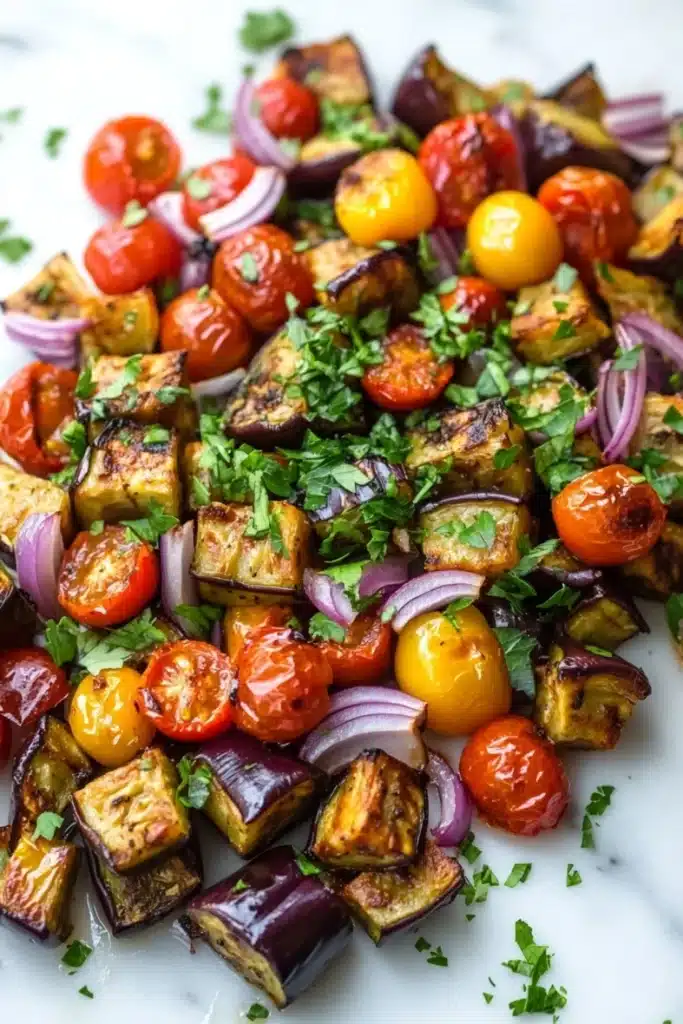 Sheet pan dinner eggplant - the image is a close-up of a colorful salad on a white marble plate. the salad is made up of grilled eggplant, cherry tomatoes, red onions, and chopped parsley. the eggplant is cut into small cubes and is arranged in a circular pattern. the cherry tomatoes are bright red and the onions are sliced into thin strips. the parsley is scattered throughout the salad, adding a pop of green color to the dish. the plate is garnished with fresh herbs, giving it a fresh and appetizing appearance.
