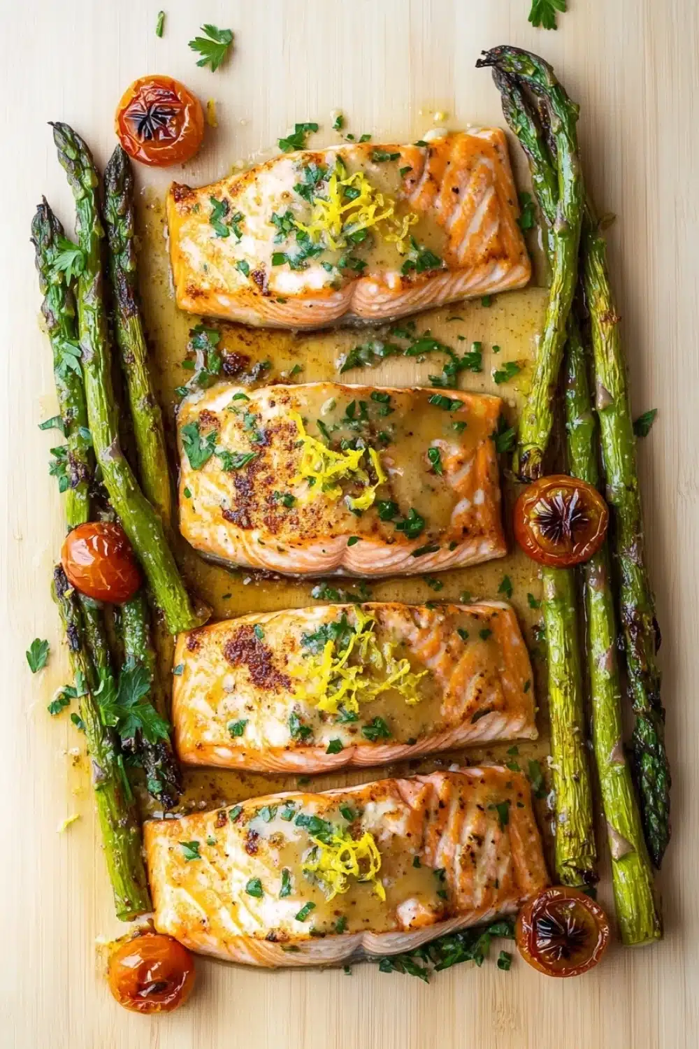 Sheet pan lemon brown butter salmon - the image shows a rectangular baking tray with four pieces of salmon and asparagus arranged in a diagonal line. the salmon is cooked to a golden brown color and appears to be seasoned with herbs and spices. the asparaglips are bright green and look fresh and vibrant. there are also small cherry tomatoes scattered around the tray, adding a pop of color to the dish. the tray is lined with a light-colored parchment paper, and there are a few sprigs of parsley scattered around it. the overall presentation of the dish is elegant and appetizing.