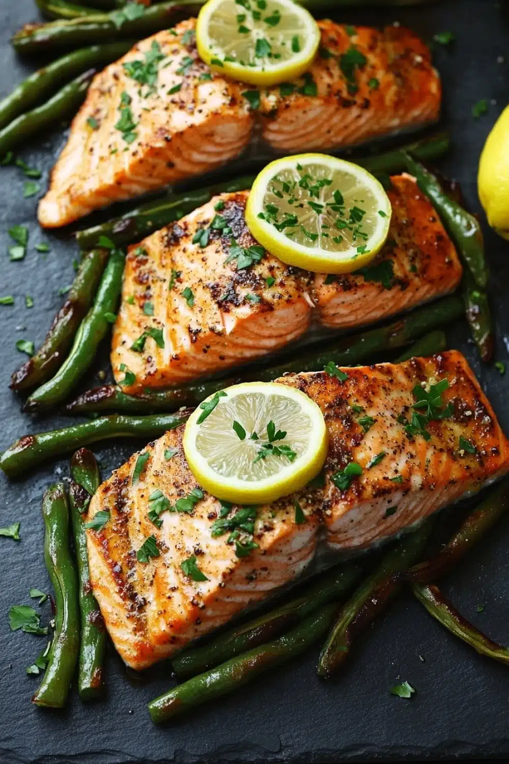 Sheet pan salmon green beans - the image shows two pieces of salmon fillets on a black slate plate. the salmon is cooked to a golden brown color and is garnished with fresh herbs and lemon wedges. the plate is surrounded by a bed of green asparagus spears. the background is blurred, but it appears to be a kitchen countertop. the overall presentation of the dish is elegant and appetizing.