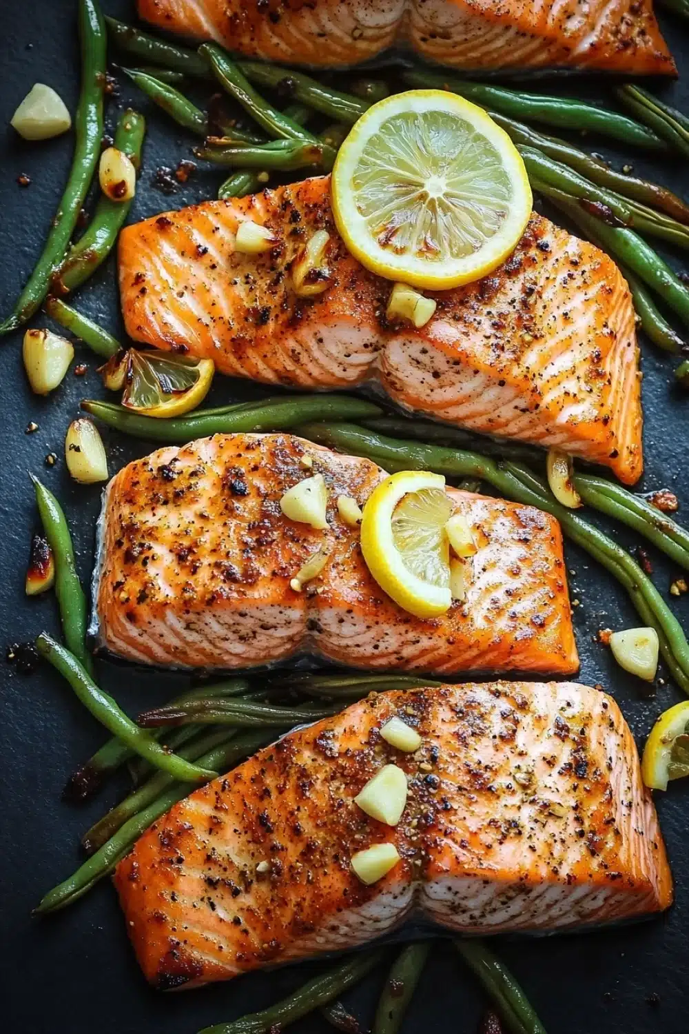 Sheet pan salmon green beans - the image shows two pieces of salmon fillets on a black baking tray. the salmon is cooked to a golden brown color and appears to be seasoned with herbs and spices. on top of the salmon, there are two slices of lemon and a few pieces of green beans scattered around. the green beans are bright green and look fresh and vibrant. the tray is lined with parchment paper, giving the image a rustic and appetizing feel.