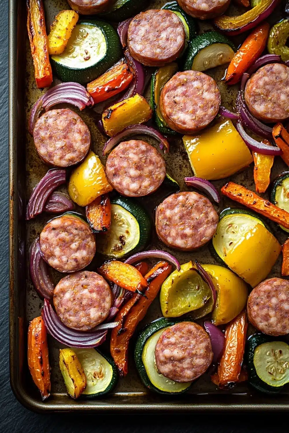 Sheet pan smoked sausage and veggies - the image shows a baking tray filled with various types of vegetables. on the left side of the tray, there are sliced zucchini, red onions, and yellow bell peppers. the vegetables are arranged in a circular pattern, with some overlapping each other. the tray is lined with parchment paper, and the background is a dark grey countertop. the overall appearance of the dish is colorful and appetizing.