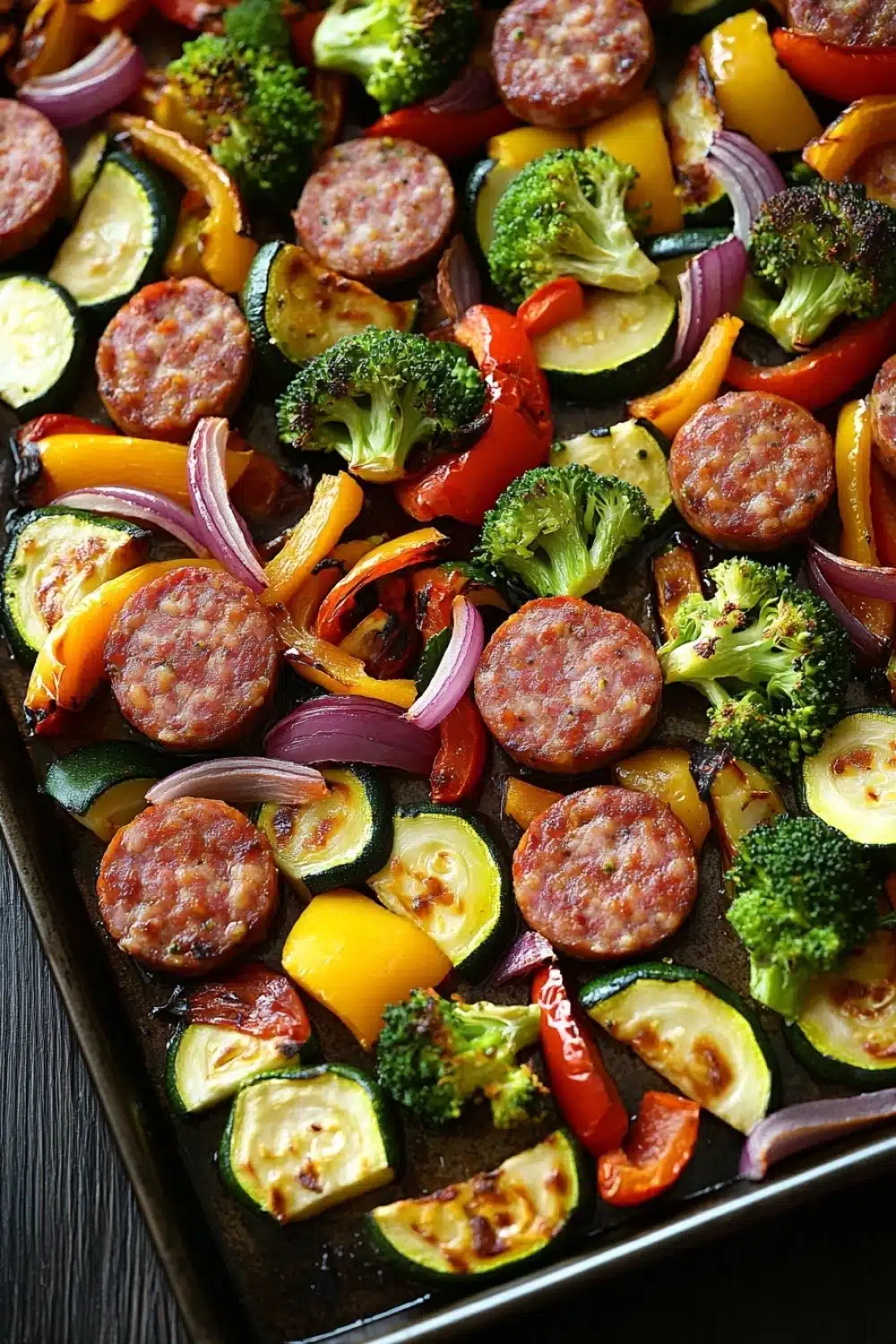 Sheet pan smoked sausage and veggies - the image shows a tray of cooked vegetables on a wooden table. the vegetables appear to be zucchini, broccoli, red and yellow bell peppers, and sausage. the sausage is cut into small cubes and is arranged in a circular pattern on the tray. the colors of the vegetables are vibrant and the dish looks appetizing. the tray is lined with parchment paper and the background is dark, making the vegetables stand out.