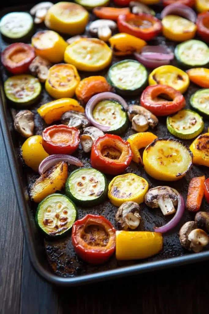 Sheet pan vegetables air fryer - the image shows a baking tray filled with roasted vegetables. the vegetables are arranged in a circular pattern on the tray, with some overlapping each other. the colors of the vegetables include red, yellow, green, and orange bell peppers, as well as sliced red onions and mushrooms. the tray is lined with parchment paper, and the vegetables appear to be seasoned with herbs and spices. the background is a wooden table.