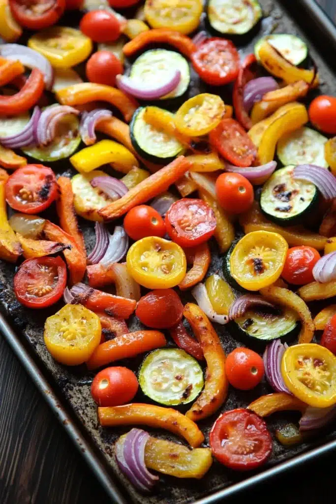 Sheet pan vegetables air fryer - the image shows a tray of roasted vegetables on a wooden table. the vegetables are arranged in a circular pattern on the tray, with some overlapping each other. the colors of the vegetables include red, yellow, and orange bell peppers, zucchini, and cherry tomatoes. there are also sliced red onions scattered throughout the vegetables. the tray appears to be made of metal and has a shiny surface. the background is blurred, but it seems to be a kitchen countertop.