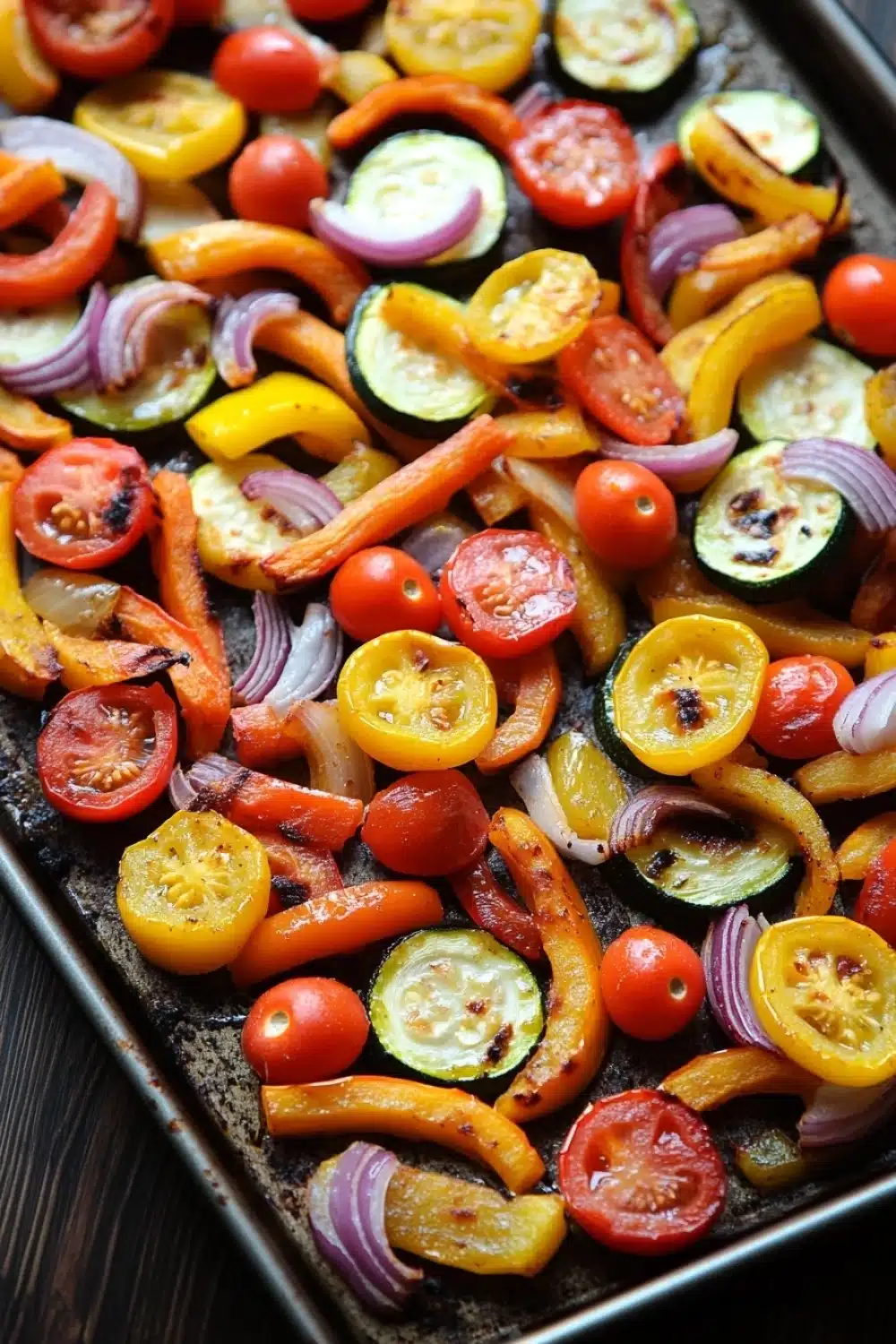 Sheet pan vegetables air fryer - the image shows a tray of roasted vegetables on a wooden table. the vegetables are arranged in a circular pattern on the tray, with some overlapping each other. the colors of the vegetables include red, yellow, and orange bell peppers, zucchini, and cherry tomatoes. there are also sliced red onions scattered throughout the vegetables. the tray appears to be made of metal and has a shiny surface. the background is blurred, but it seems to be a kitchen countertop.