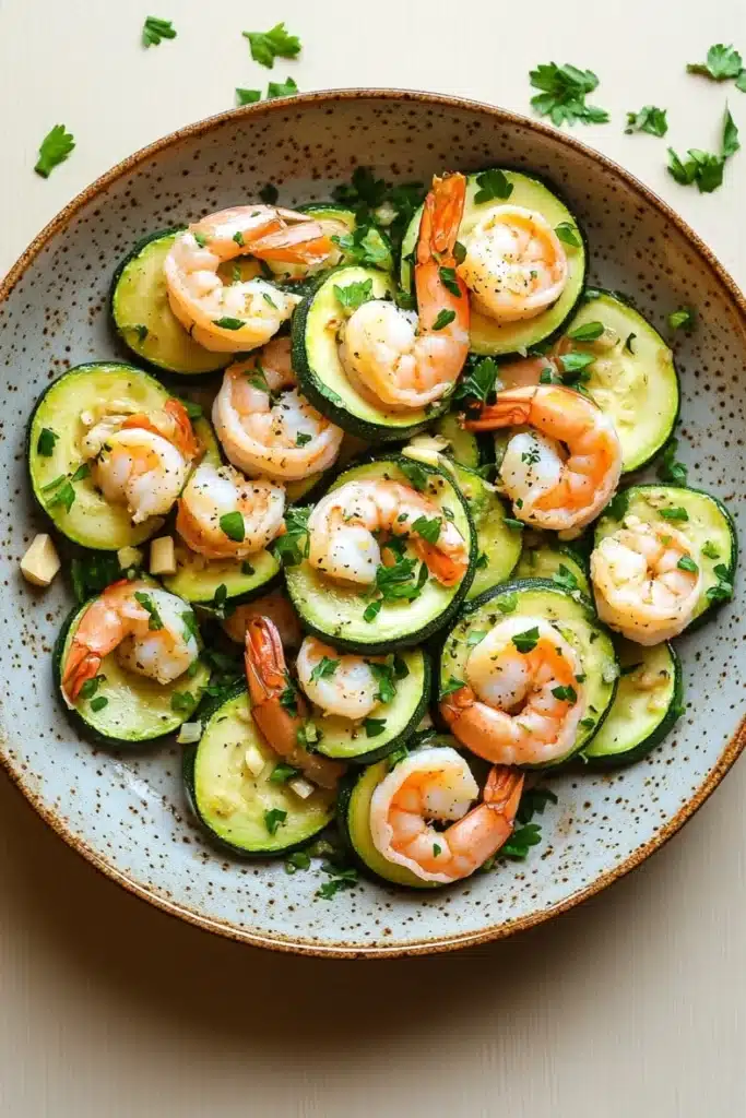 Shrimp and zucchini skillet - the image is a close-up of a plate of shrimp and zucchini salad. the plate is round and has a light blue speckled pattern. the shrimp are arranged in a circular pattern on top of the zucchinis, which are cut into small cubes and are garnished with chopped parsley. the dish is served on a white tablecloth with a few sprigs of parsley scattered around the plate. the overall color scheme of the dish is warm and inviting.
