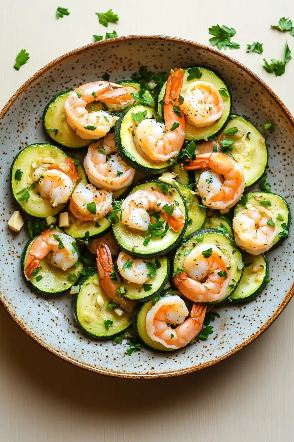 Shrimp and zucchini skillet - the image is a close-up of a plate of shrimp and zucchini salad. the plate is round and has a light blue speckled pattern. the shrimp are arranged in a circular pattern on top of the zucchinis, which are cut into small cubes and are garnished with chopped parsley. the dish is served on a white tablecloth with a few sprigs of parsley scattered around the plate. the overall color scheme of the dish is warm and inviting.