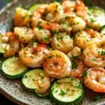 Shrimp and zucchini skillet - the image shows a plate of cooked shrimp and zucchini. the shrimp are pink and appear to be seasoned with herbs and spices. the zucchinis are sliced and arranged in a circular pattern on the plate. the plate is brown and has a textured surface. the background is blurred, but it appears to be a kitchen countertop with a few sprigs of parsley scattered around.