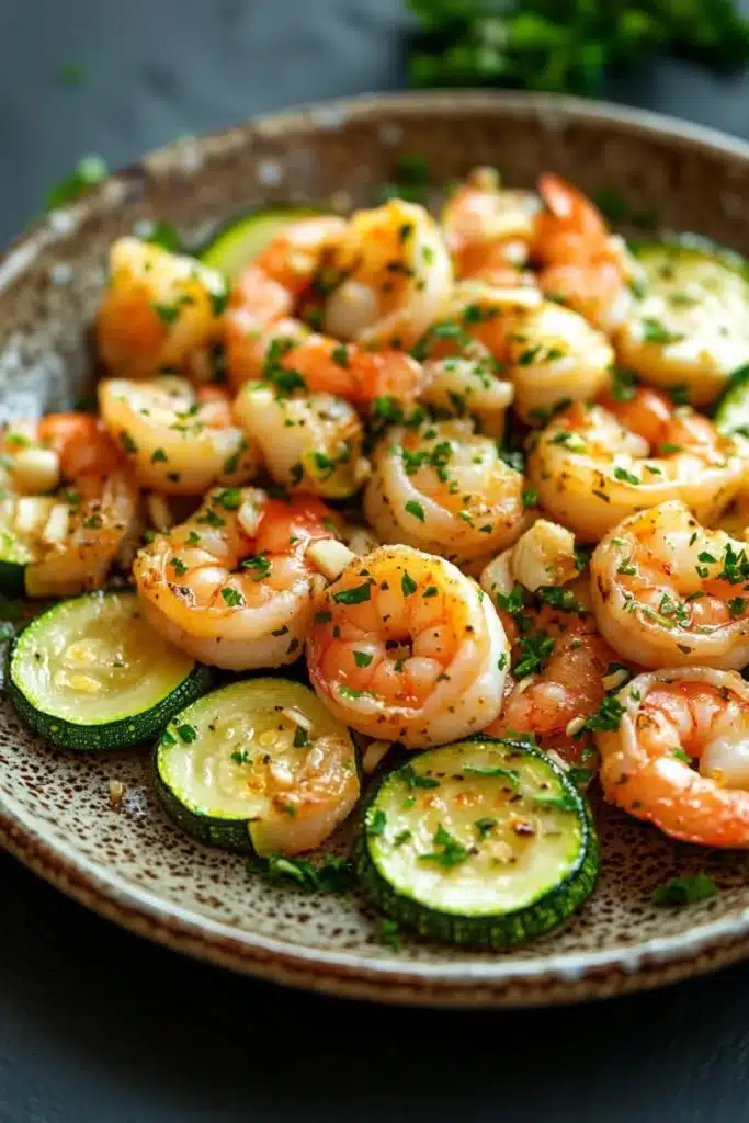 Shrimp and zucchini skillet - the image shows a plate of cooked shrimp and zucchini. the shrimp are pink and appear to be seasoned with herbs and spices. the zucchinis are sliced and arranged in a circular pattern on the plate. the plate is brown and has a textured surface. the background is blurred, but it appears to be a kitchen countertop with a few sprigs of parsley scattered around.