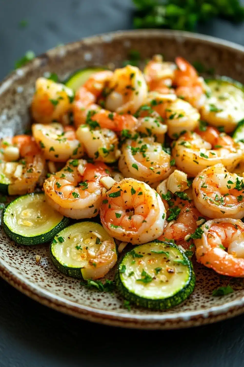 Shrimp and zucchini skillet - the image shows a plate of cooked shrimp and zucchini. the shrimp are pink and appear to be seasoned with herbs and spices. the zucchinis are sliced and arranged in a circular pattern on the plate. the plate is brown and has a textured surface. the background is blurred, but it appears to be a kitchen countertop with a few sprigs of parsley scattered around.