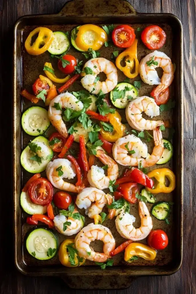Shrimp sheet pan - the image shows a rectangular baking tray filled with cooked shrimp and vegetables. the shrimp are arranged in a circular pattern on the tray, with some overlapping each other. the vegetables include sliced zucchini, cherry tomatoes, yellow bell peppers, and red bell peppers. there are also some herbs sprinkled on top, adding a pop of green color to the dish. the tray is placed on a wooden table, and the background is blurred, making the colors of the vegetables stand out.