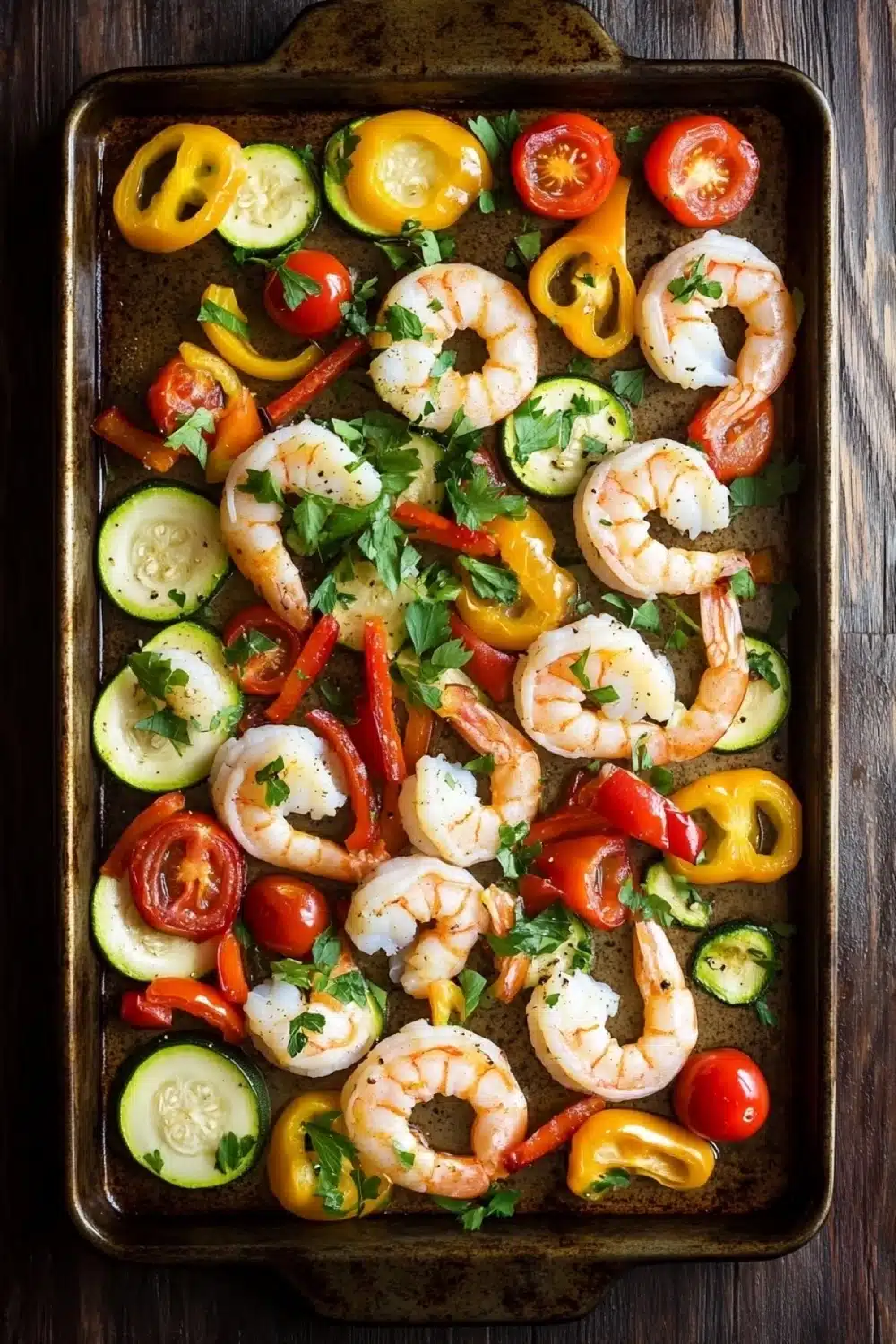 Shrimp sheet pan - the image shows a rectangular baking tray filled with cooked shrimp and vegetables. the shrimp are arranged in a circular pattern on the tray, with some overlapping each other. the vegetables include sliced zucchini, cherry tomatoes, yellow bell peppers, and red bell peppers. there are also some herbs sprinkled on top, adding a pop of green color to the dish. the tray is placed on a wooden table, and the background is blurred, making the colors of the vegetables stand out.