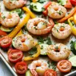 Shrimp sheet pan - the image shows a tray of cooked shrimp and vegetables on a white marble countertop. the shrimp are arranged in a circular pattern on the tray, with some overlapping each other. the vegetables include sliced zucchini, bell peppers, cherry tomatoes, and yellow bell peppers. there are also some herbs sprinkled on top, adding a pop of green color to the dish. the tray appears to be freshly baked and ready to be served.