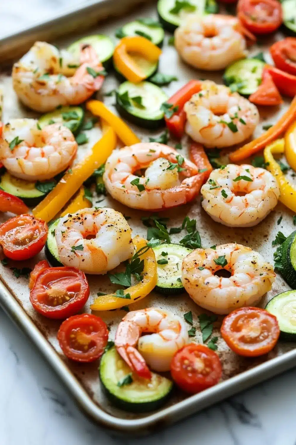 Shrimp sheet pan - the image shows a tray of cooked shrimp and vegetables on a white marble countertop. the shrimp are arranged in a circular pattern on the tray, with some overlapping each other. the vegetables include sliced zucchini, bell peppers, cherry tomatoes, and yellow bell peppers. there are also some herbs sprinkled on top, adding a pop of green color to the dish. the tray appears to be freshly baked and ready to be served.