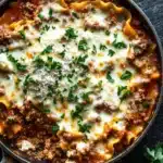 Skillet beef lasagna - the image shows a close-up of a dish in a black cast iron skillet. the dish appears to be a lasagna or lasagna, with a layer of red sauce and chunks of ground meat and cheese on top. the sauce is thick and creamy, and the cheese is melted and bubbly. there are also a few sprigs of fresh parsley scattered around the skillet, adding a pop of green color to the dish. the skillet is sitting on a dark grey countertop, and there is a sprig of parsley on the side.