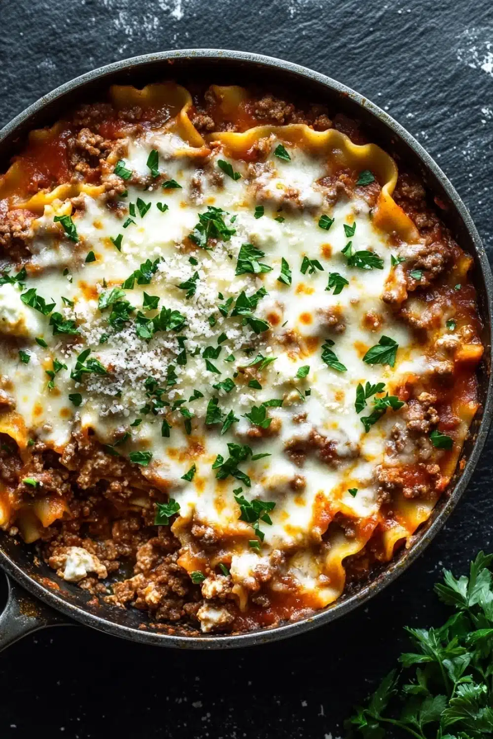 Skillet beef lasagna - the image shows a close-up of a dish in a black cast iron skillet. the dish appears to be a lasagna or lasagna, with a layer of red sauce and chunks of ground meat and cheese on top. the sauce is thick and creamy, and the cheese is melted and bubbly. there are also a few sprigs of fresh parsley scattered around the skillet, adding a pop of green color to the dish. the skillet is sitting on a dark grey countertop, and there is a sprig of parsley on the side.