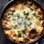 Skillet beef lasagna - the image shows a black cast iron skillet filled with a dish of lasagna. the lasagna is made with long, thin tortellini strips, topped with melted cheese and chunks of ground meat. the dish is garnished with fresh parsley leaves. the skillet is sitting on a dark wooden table with a black cloth napkin underneath. the overall color scheme of the dish is warm and inviting.