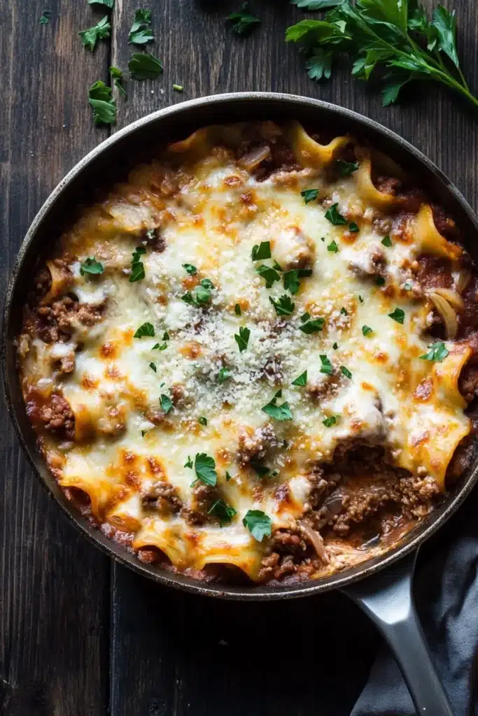 Skillet beef lasagna - the image shows a black cast iron skillet filled with a dish of lasagna. the lasagna is made with long, thin tortellini strips, topped with melted cheese and chunks of ground meat. the dish is garnished with fresh parsley leaves. the skillet is sitting on a dark wooden table with a black cloth napkin underneath. the overall color scheme of the dish is warm and inviting.