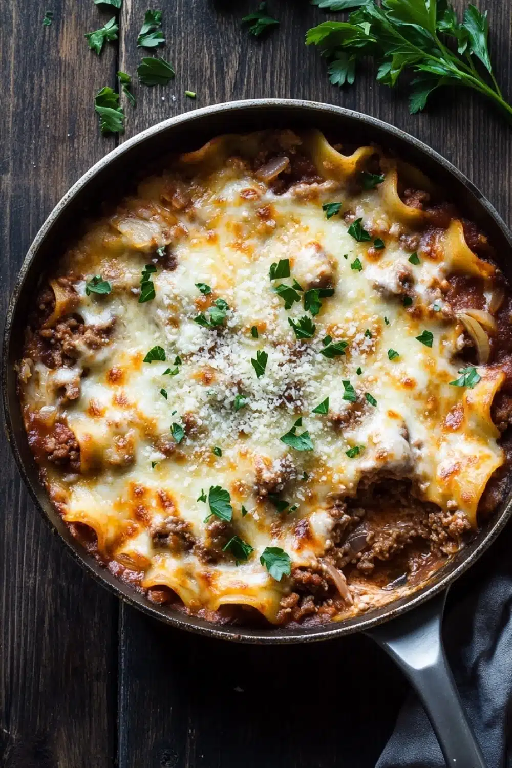 Skillet beef lasagna - the image shows a black cast iron skillet filled with a dish of lasagna. the lasagna is made with long, thin tortellini strips, topped with melted cheese and chunks of ground meat. the dish is garnished with fresh parsley leaves. the skillet is sitting on a dark wooden table with a black cloth napkin underneath. the overall color scheme of the dish is warm and inviting.