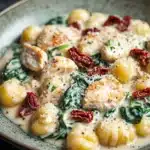 Skillet chicken gnocchi - the image is a close-up of a dish in a bowl. the dish appears to be a type of gnocchi, which are small, round, and golden-brown in color. they are covered in a creamy white sauce, which is drizzled over the top. the sauce is garnished with fresh spinach leaves and red chili flakes. there are also chunks of chicken scattered throughout the dish. the bowl is sitting on a dark, textured surface, possibly a table or countertop.