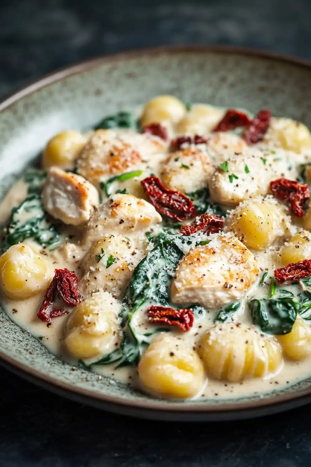 Skillet chicken gnocchi - the image is a close-up of a dish in a bowl. the dish appears to be a type of gnocchi, which are small, round, and golden-brown in color. they are covered in a creamy white sauce, which is drizzled over the top. the sauce is garnished with fresh spinach leaves and red chili flakes. there are also chunks of chicken scattered throughout the dish. the bowl is sitting on a dark, textured surface, possibly a table or countertop.